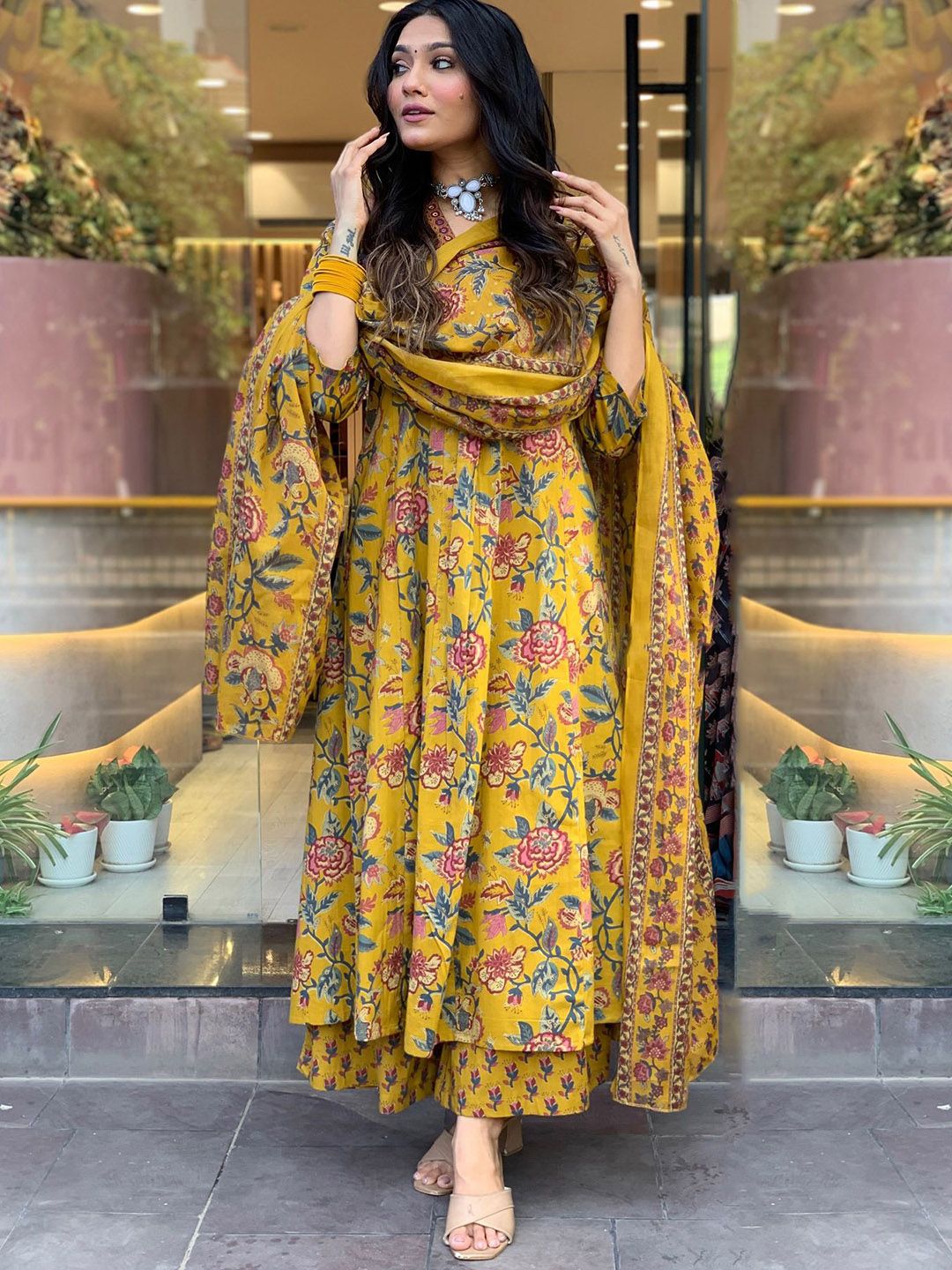 Dhiyona KL Floral Printed V Neck Mirror Work Anarkali Kurta With Trousers & Dupatta