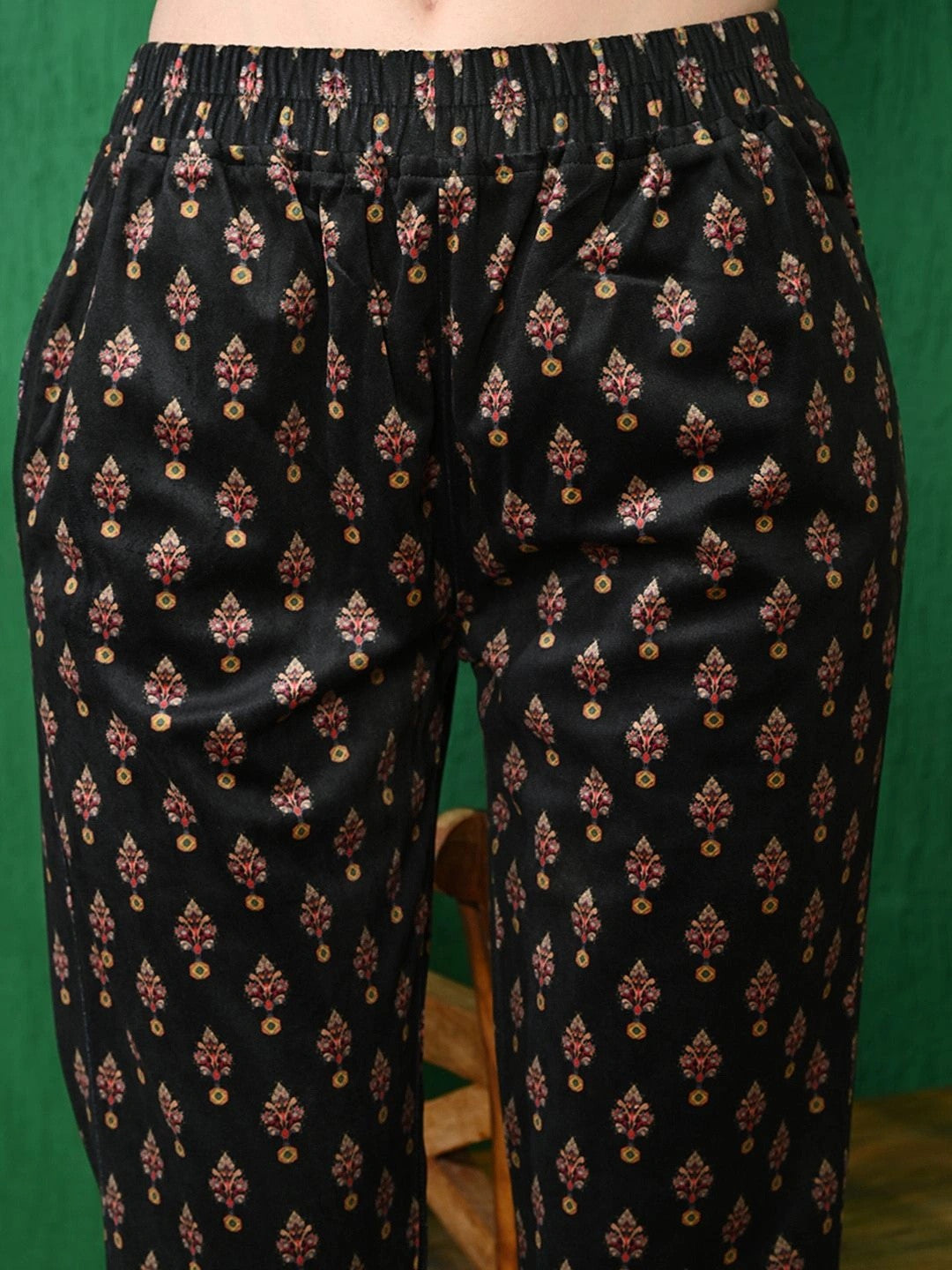 Black & Beige Floral Self Design Winter Velvet Kurta & Trouser With Dupatta