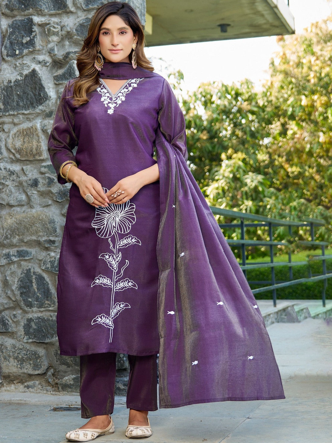 Embroidered V-Neck Kurti & Trousers With Dupatta
