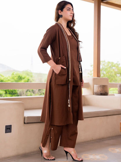 Dhiyona IE Layered Pure Cotton Scoop Neck Top And Palazzos With Jacket