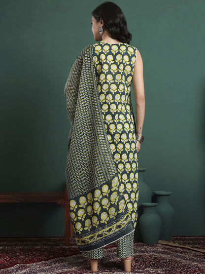 Dhiyona KL Floral Printed V-Neck Pure Cotton Straight Kurta With Trousers & Dupatta