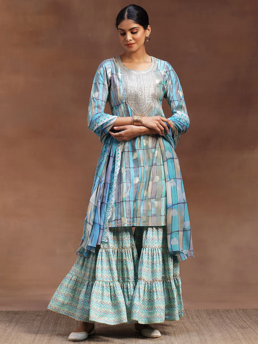 Geometric Printed Sequinned Straight Kurta With Sharara & Dupatta