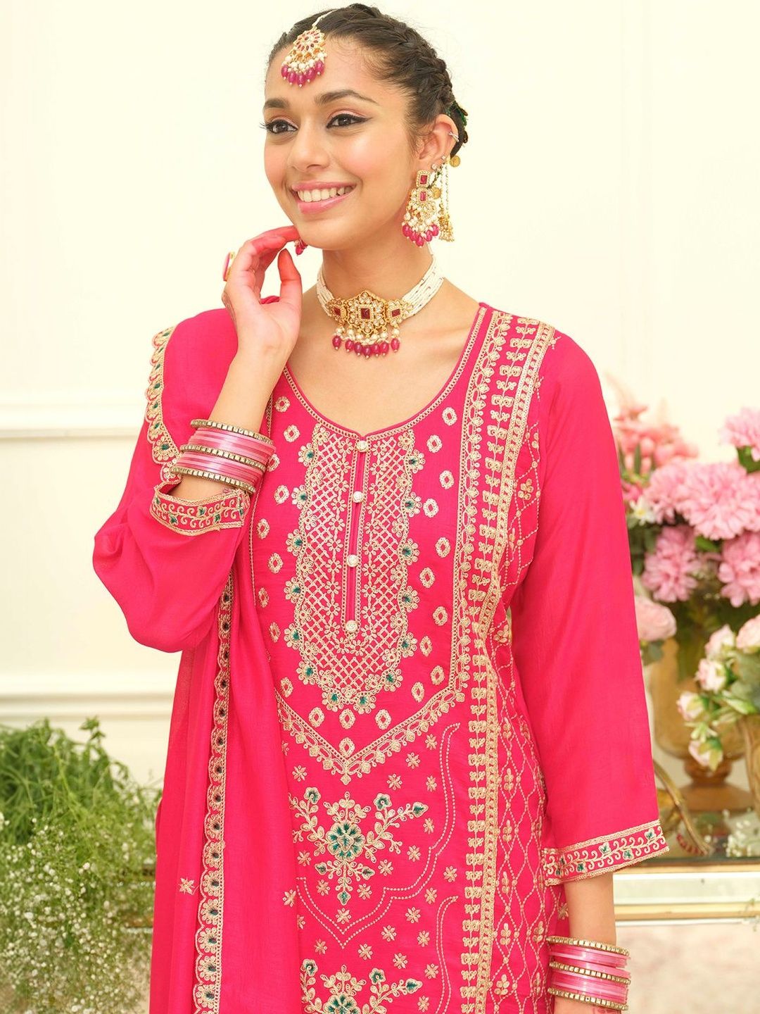 Dhiyona IE Women Ethnic Motifs Embroidered Regular Thread Work Kurta with Palazzos & With Dupatta