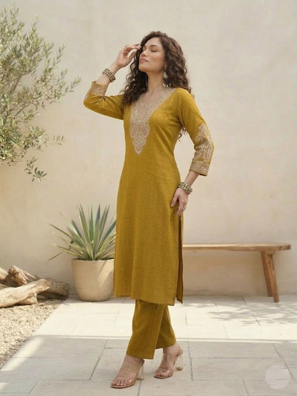 Mustard Women Ethnic Motifs Embroidered Regular Thread Work Kurta with Trousers