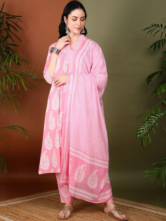 Dhiyona KL Ethnic Motifs Printed Pure Cotton Straight Kurta & Trousers With Dupatta