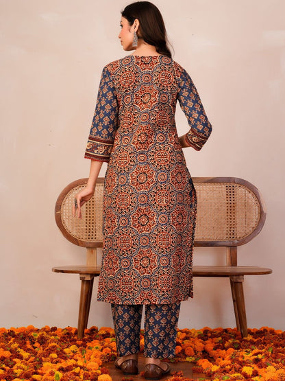 Women Ethnic Motifs Printed Angrakha Pure Cotton Kurta with Trousers & With Dupatta