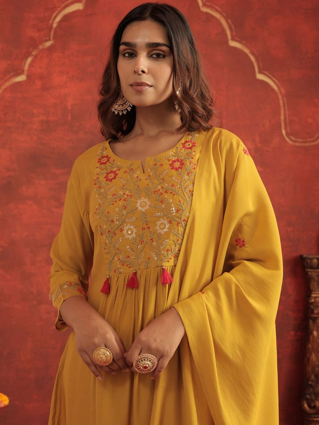 Dhiyona IE Women Floral Embroidered A-Line Kurta with Trousers & Dupatta