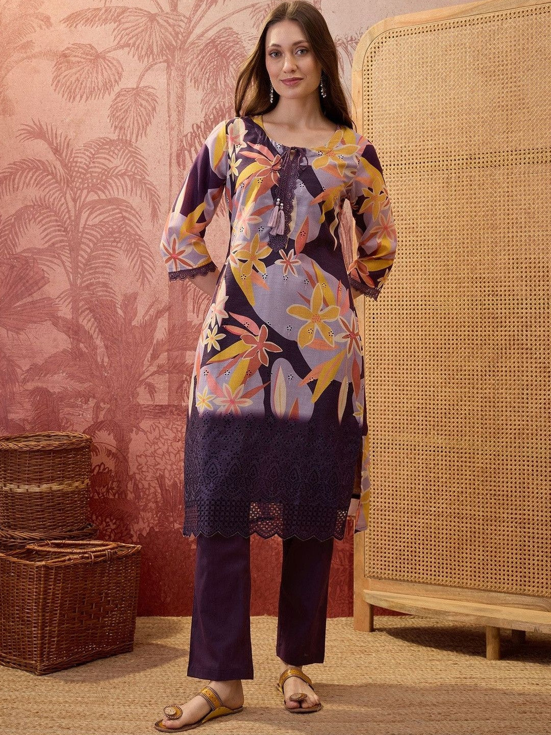 Floral Printed Round Neck Lace Hem Kurta & Trousers With Dupatta