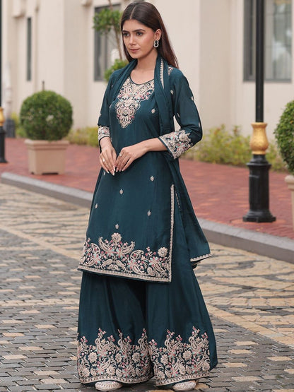 Dhiyona CH Women Ethnic Motifs Embroidered Regular Thread Work Kurta with Palazzos & With Dupatta
