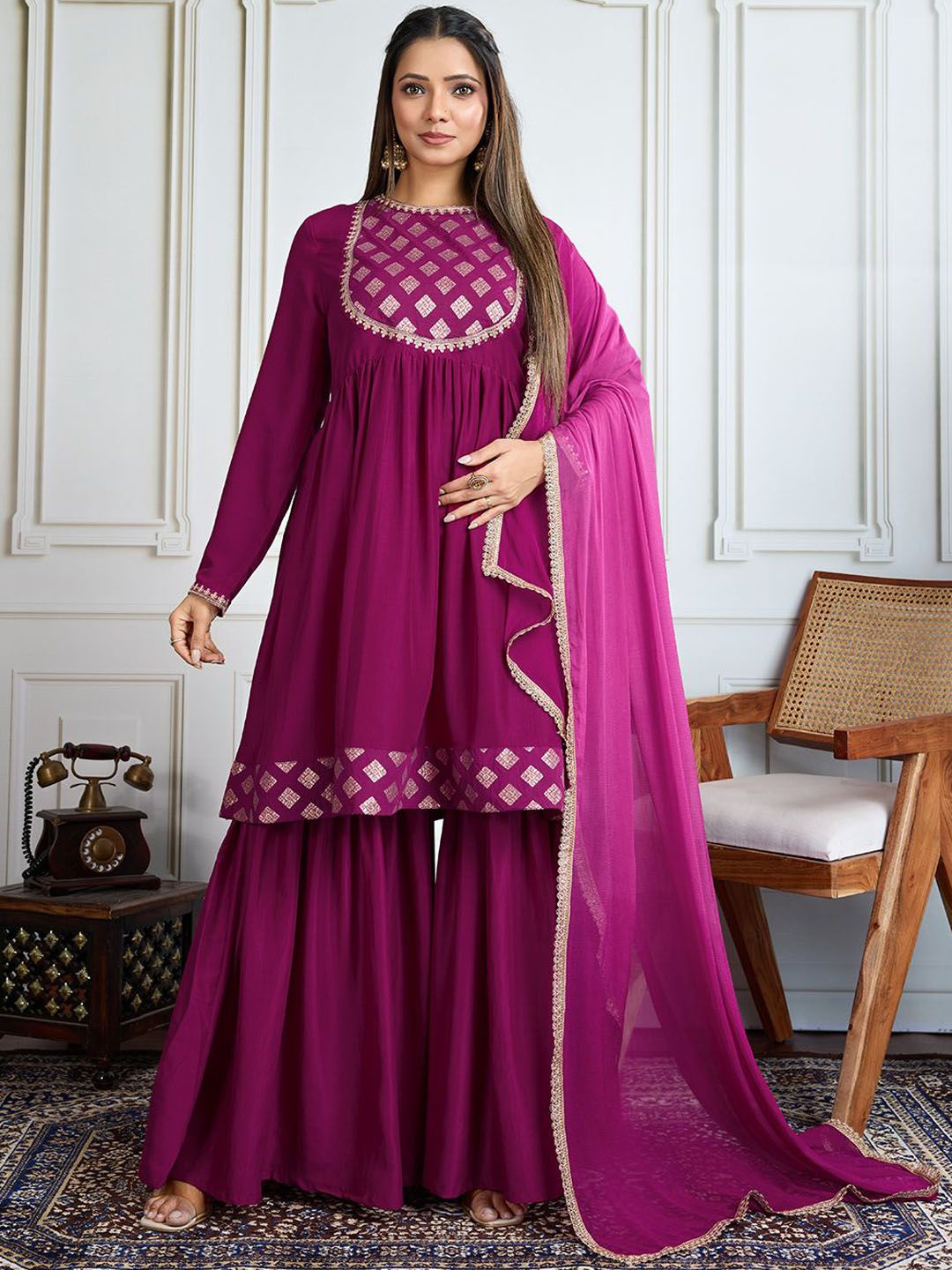 Dhiyona HOP Women Geometric Embroidered Kurta with Sharara & Dupatta