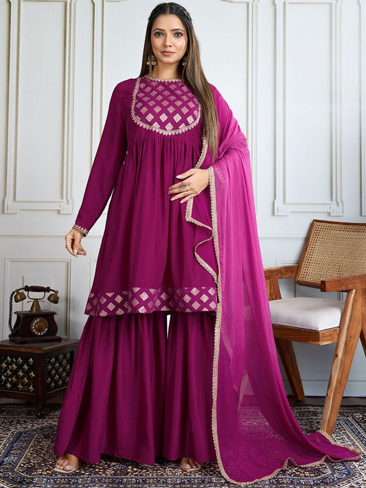 Dhiyona HOP Women Geometric Embroidered Kurta with Sharara & Dupatta