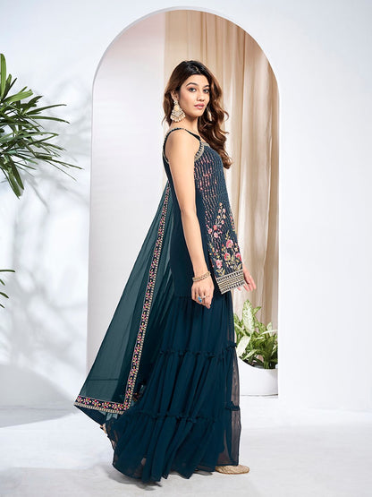 Dhiyona IN Women Floral Embroidered Regular Thread Work Kurta with Sharara & With Dupatta