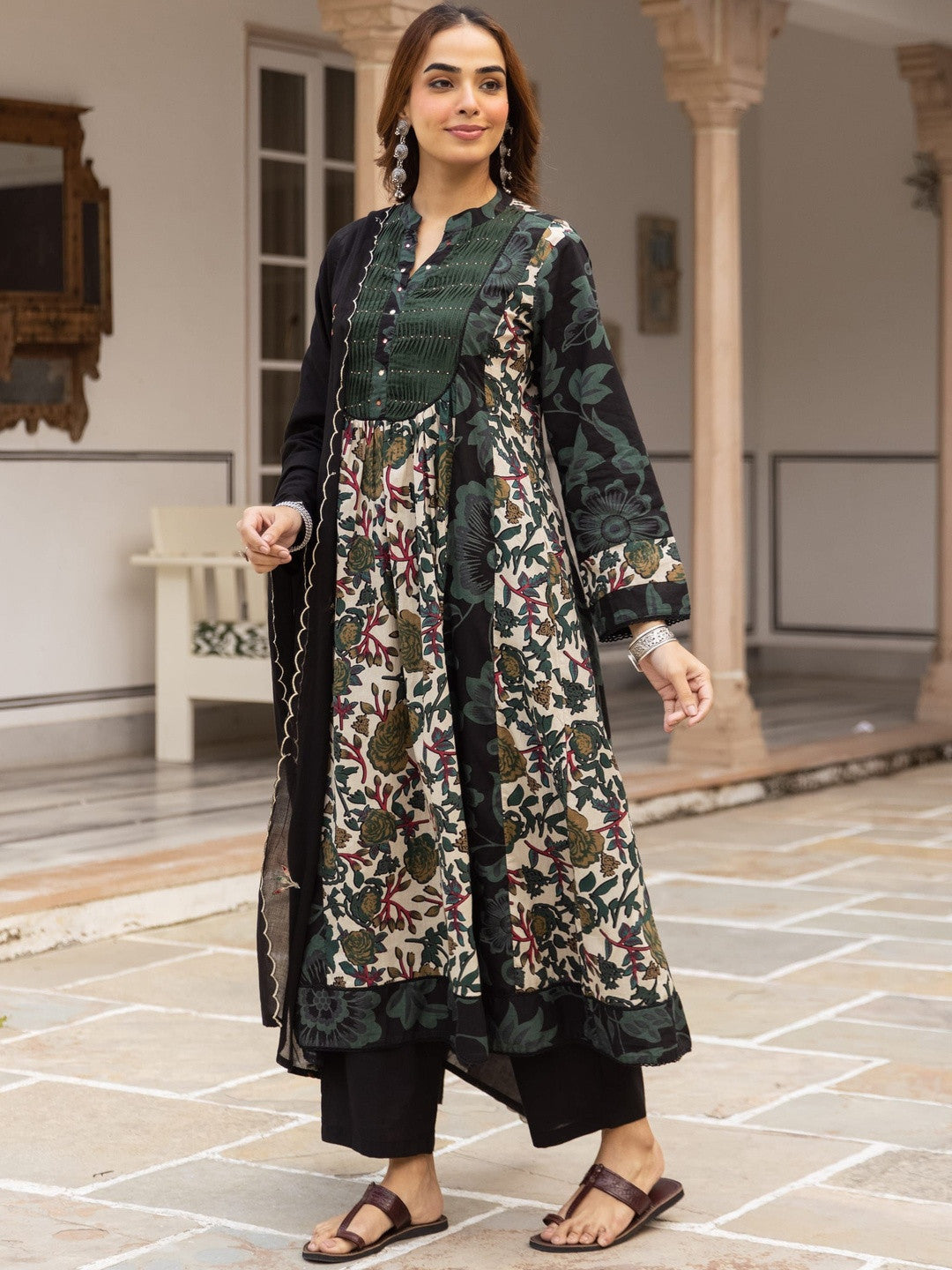 Printed Pure Cotton A-Line Kurta With Trousers & Dupatta