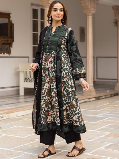 Printed Pure Cotton A-Line Kurta With Trousers & Dupatta