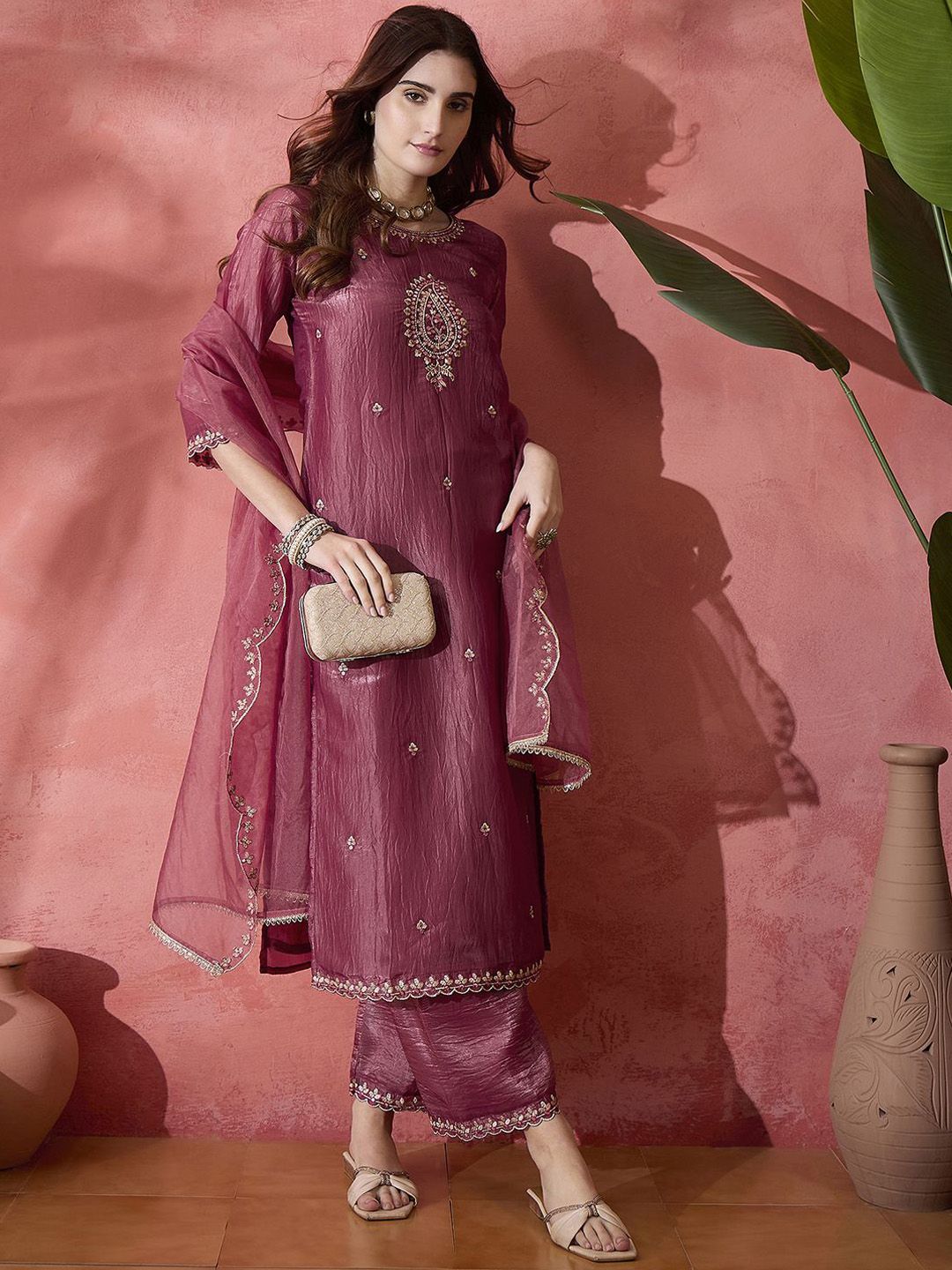 Dhiyona SN Paisley Embroidered Mirror Work Straight Kurta And Palazzo With Dupatta
