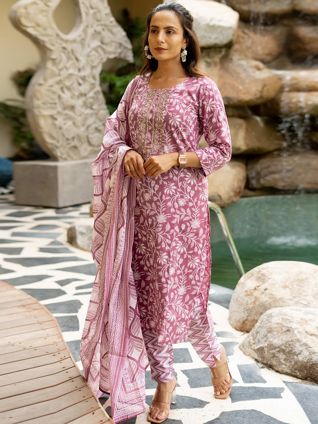 Dhiyona KL Floral Printed Sequinned Pure Cotton Kurta with Trousers & Dupatta
