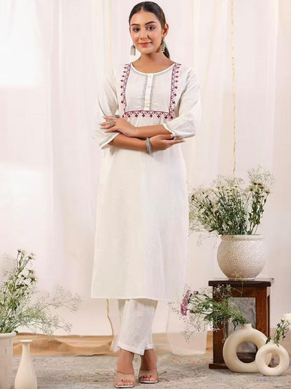 Pure Cotton Round Neck Kurta & Trousers With Dupatta