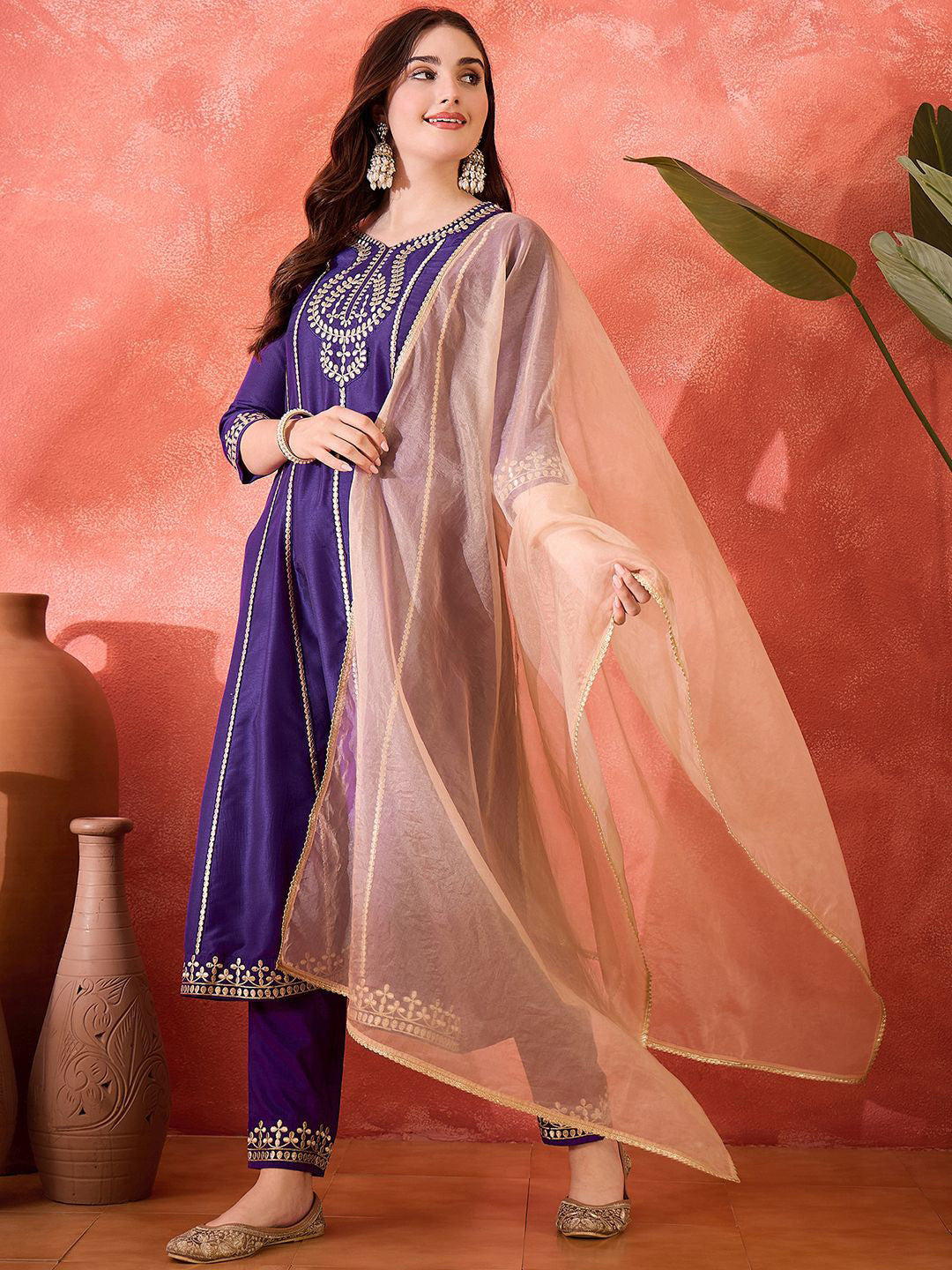 Floral Embroidered Panelled Gotta Patti A-Line Kurta With Trouser & Dupatta
