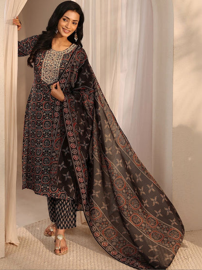 Libas Black Ajrak Printed Straight Suit Set with Dupatta