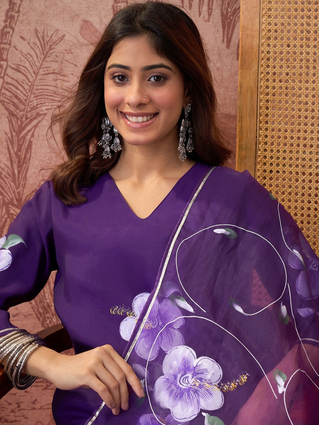 Printed V-Neck Kurta & Trousers With Dupatta