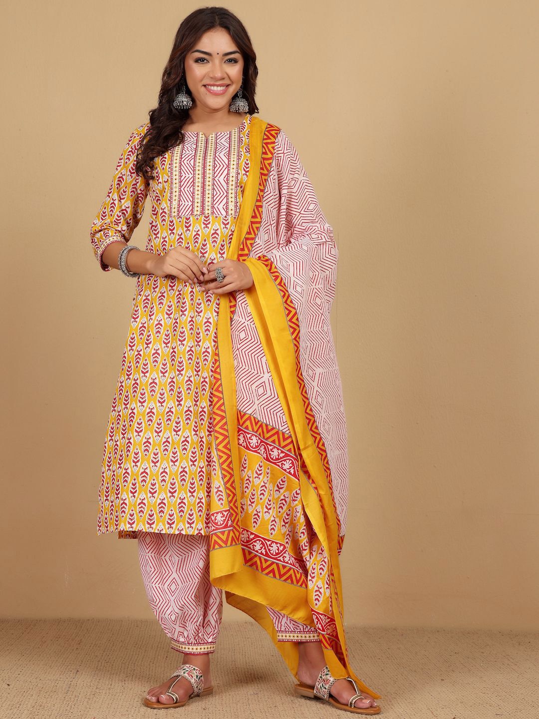 Yellow Floral Printed Notch Neck Straight Kurta With Salwar And Dupatta
