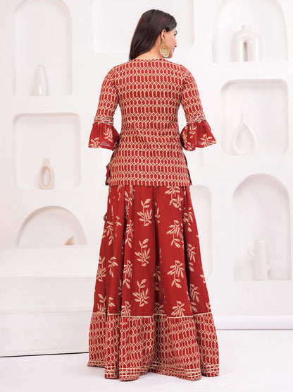 Dhiyona KL Women Ethnic Motifs Printed Cotton A-Line Kurti with Skirt & Dupatta