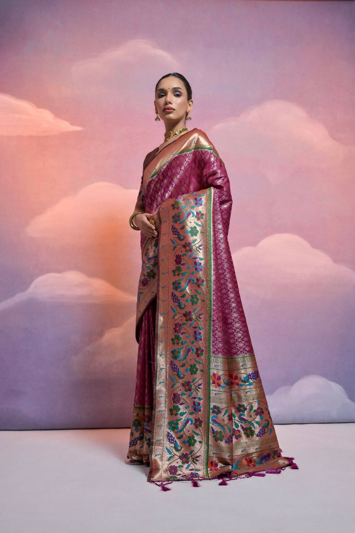 Women Paithani Vani Wine Saree With Unstiched Blouse