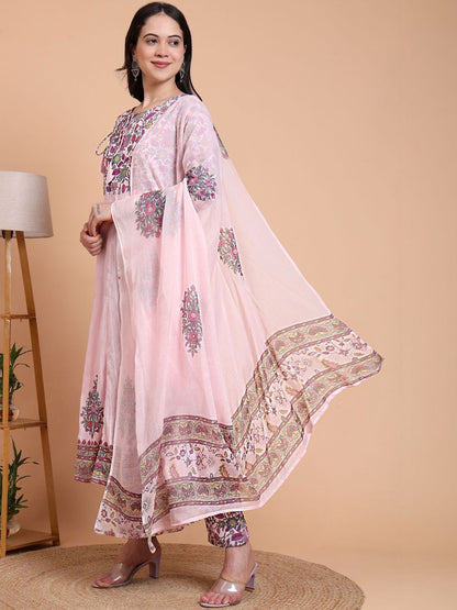 Dhiyona KL Women Floral Printed Regular Pure Cotton Kurta with Trousers & With Dupatta