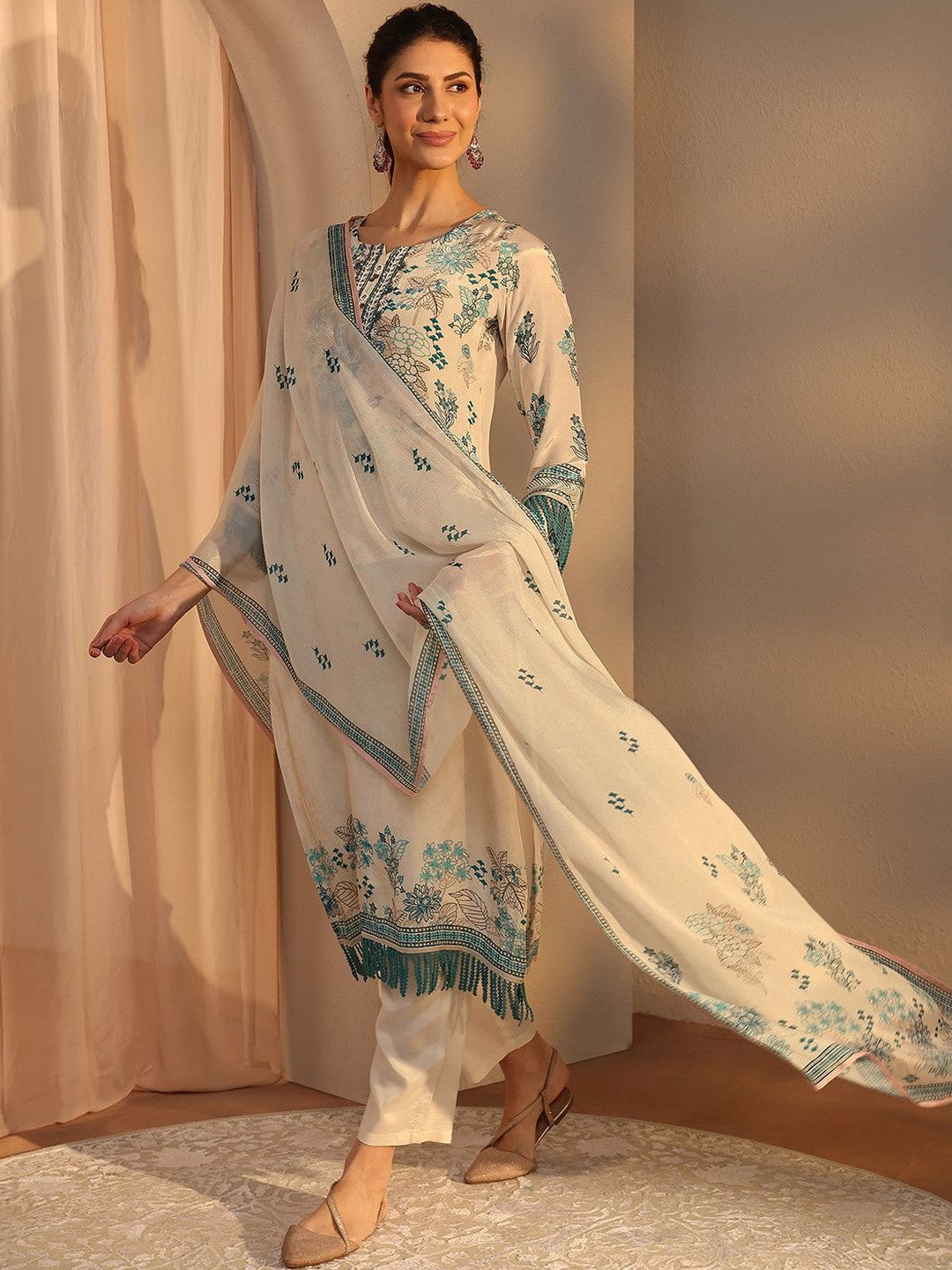 Off White Floral Printed Crepe Straight Suit Set With Dupatta
