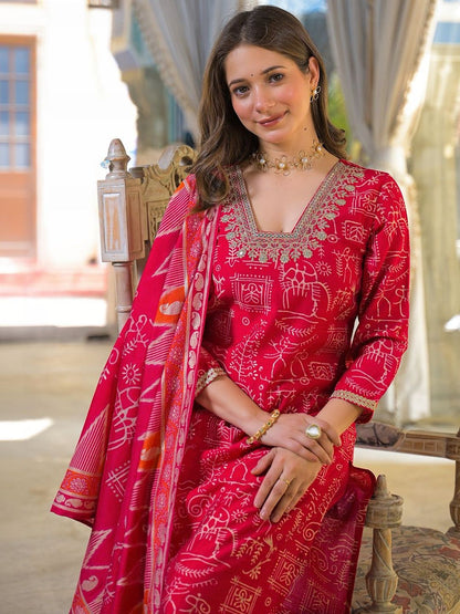 Dhiyona KL Women Ethnic Motifs Printed Regular Thread Work Kurta with Trousers & With Dupatta