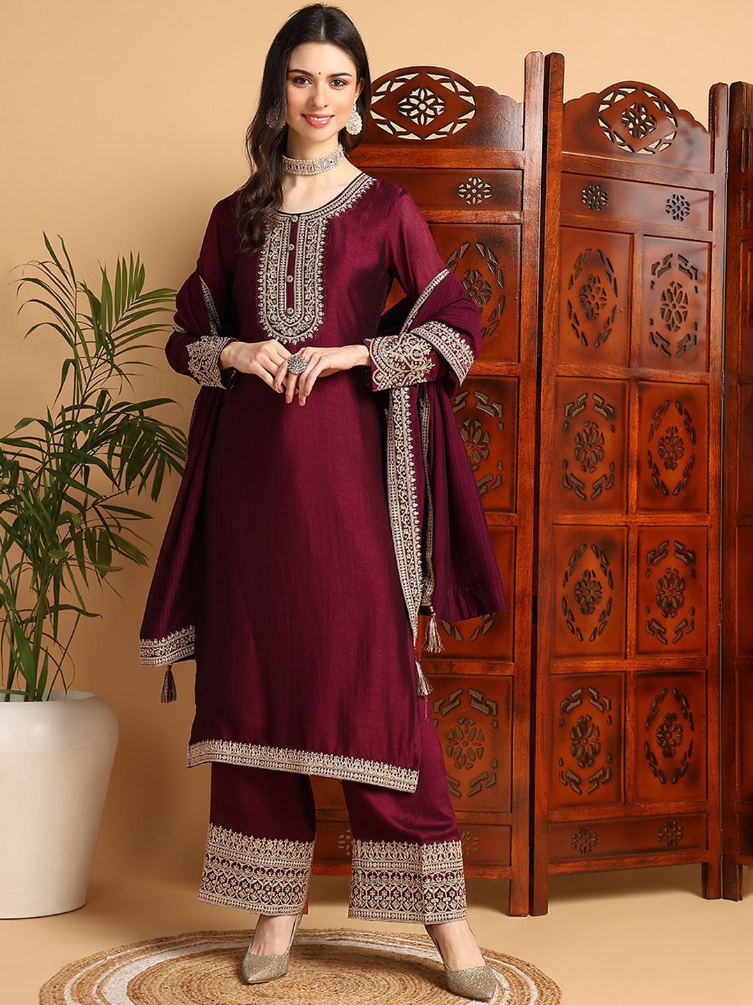Dhiyona KL Ethnic Motifs Yoke Design Kurta with Palazzos & Dupatta