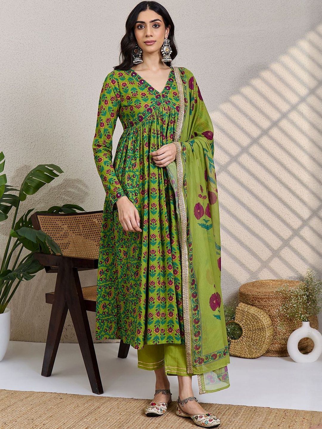 Dhiyona IE Floral Printed Panelled Pure Cotton Kurta With Trouser & Dupatta