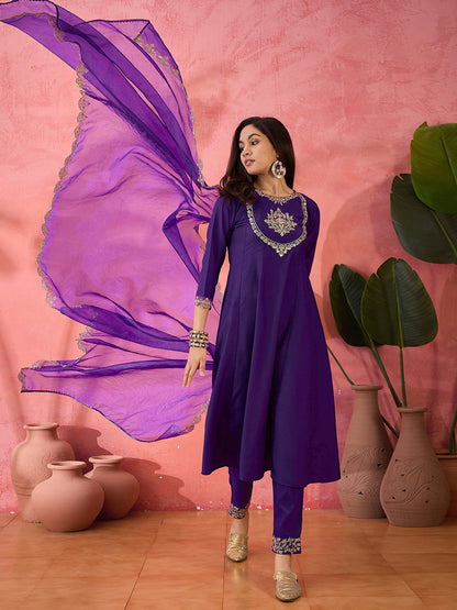 Purple Woven Design Yoke Design Kurta With Trouser And Dupatta et