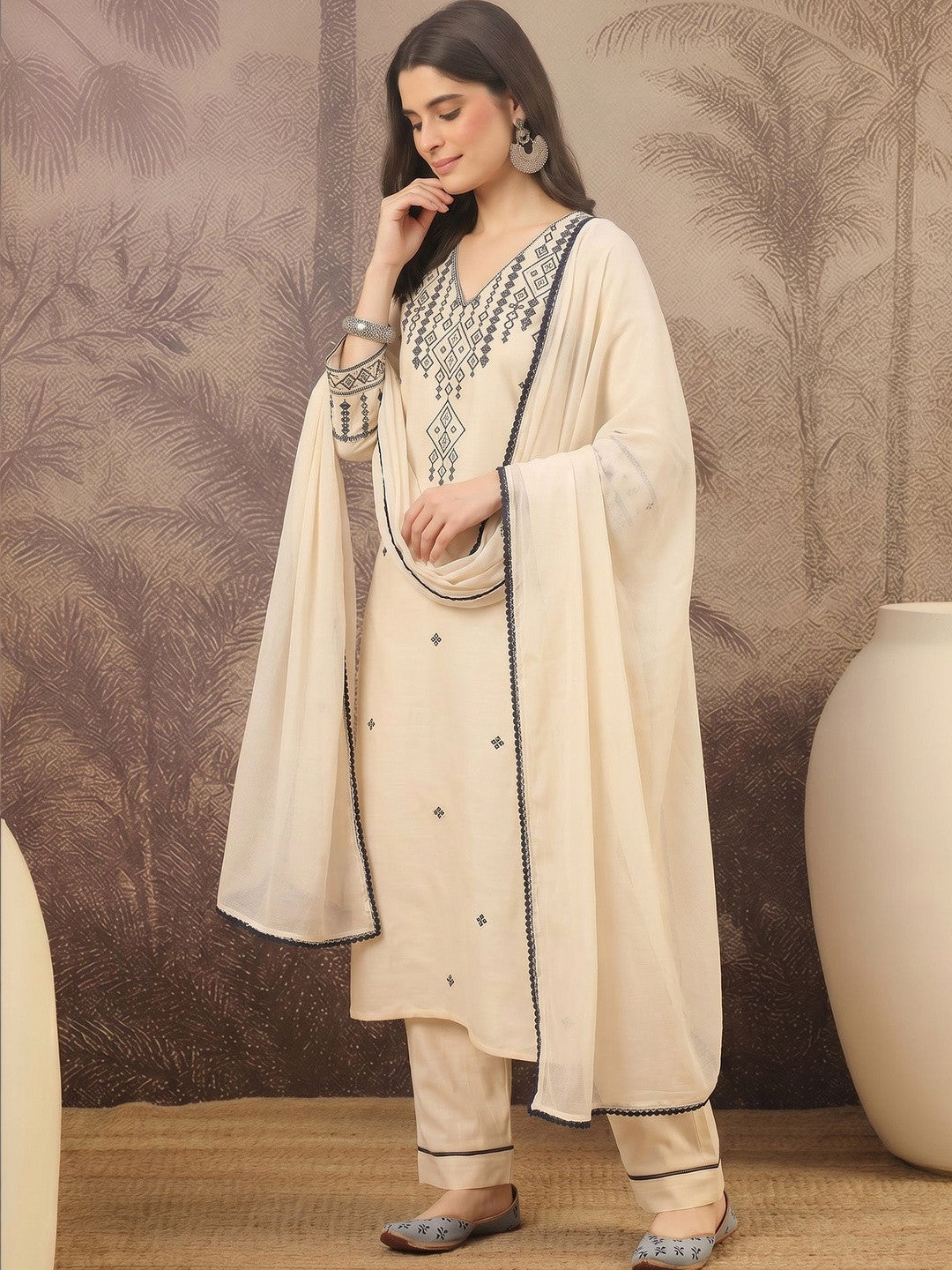 Women Embroidered Regular Pure Cotton Kurta with Trousers & With Dupatta