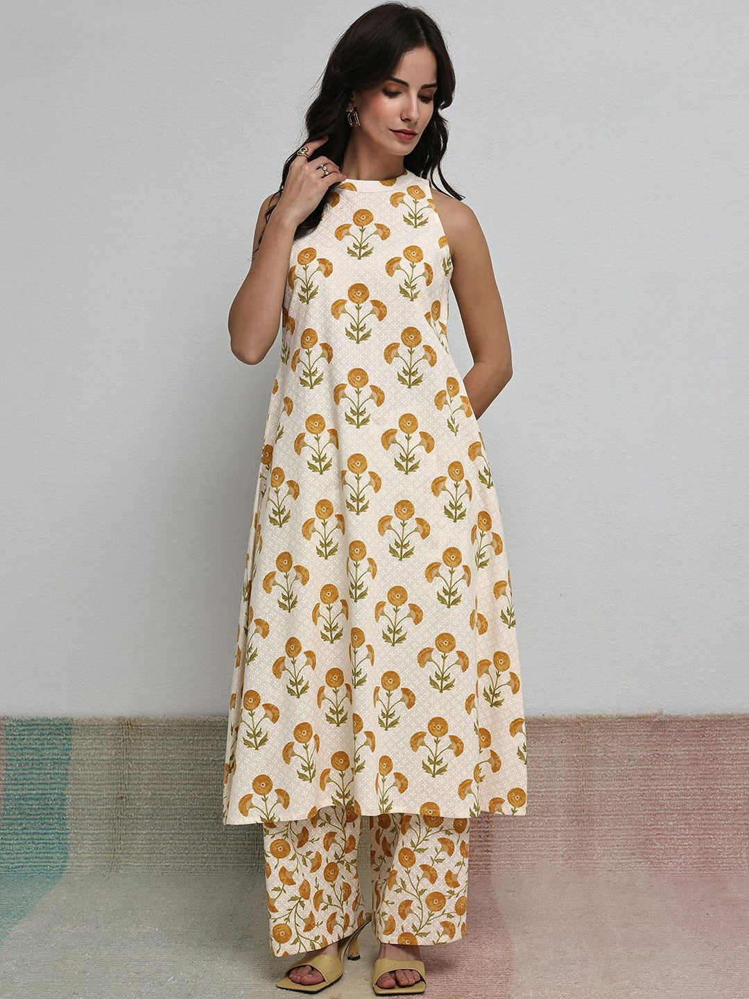 Off White Floral Printed Cotton A-Line Kurta Set