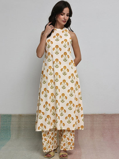 Off White Floral Printed Cotton A-Line Kurta Set