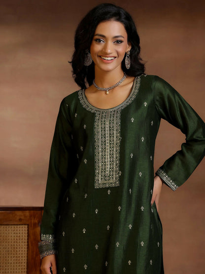 Women's LB Green Embroidered Silk Blend Straight Suits With Dupatta