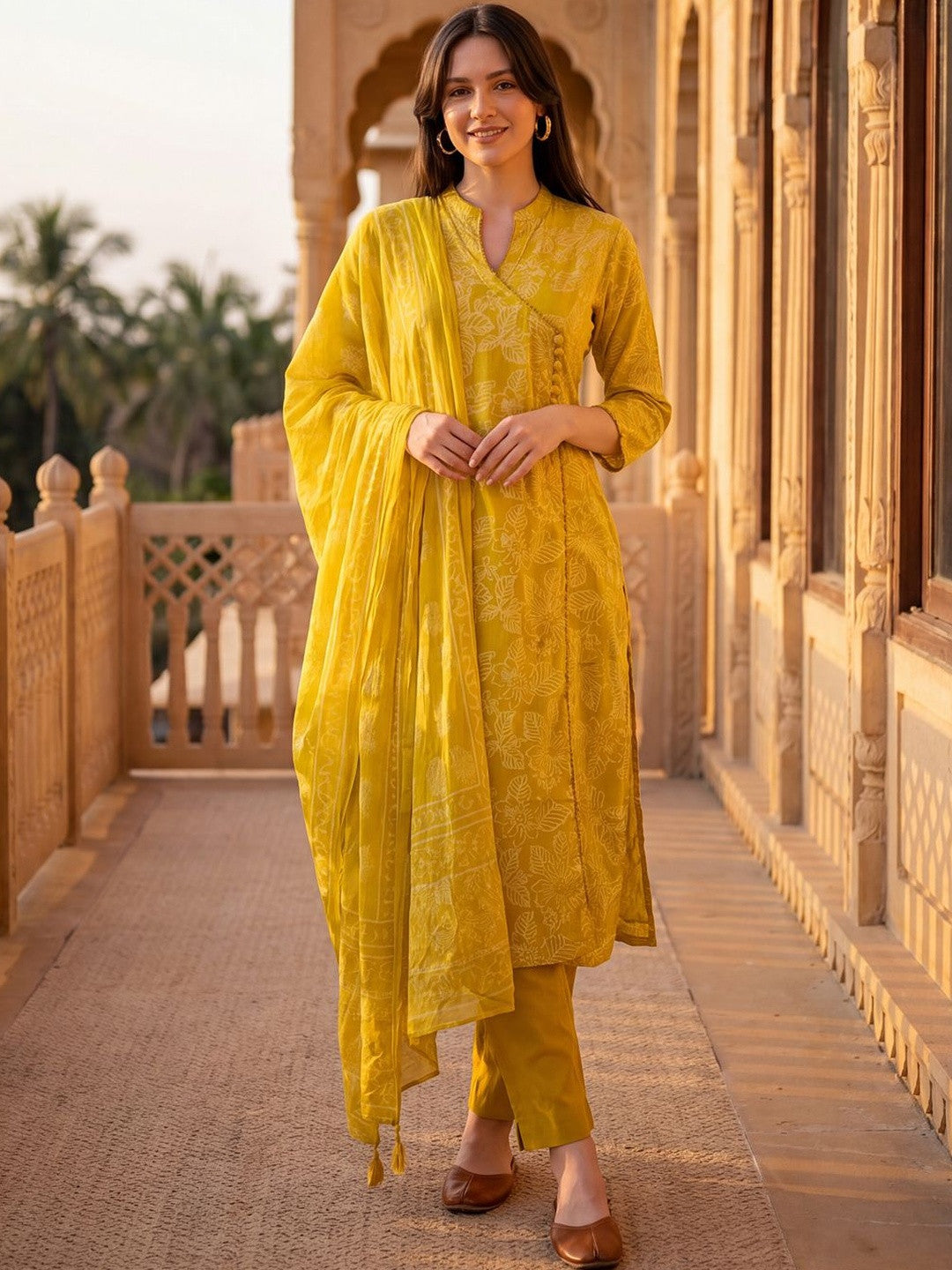 Women Ethnic Motifs Printed Angrakha Pure Cotton Kurta with Trousers & With Dupatta