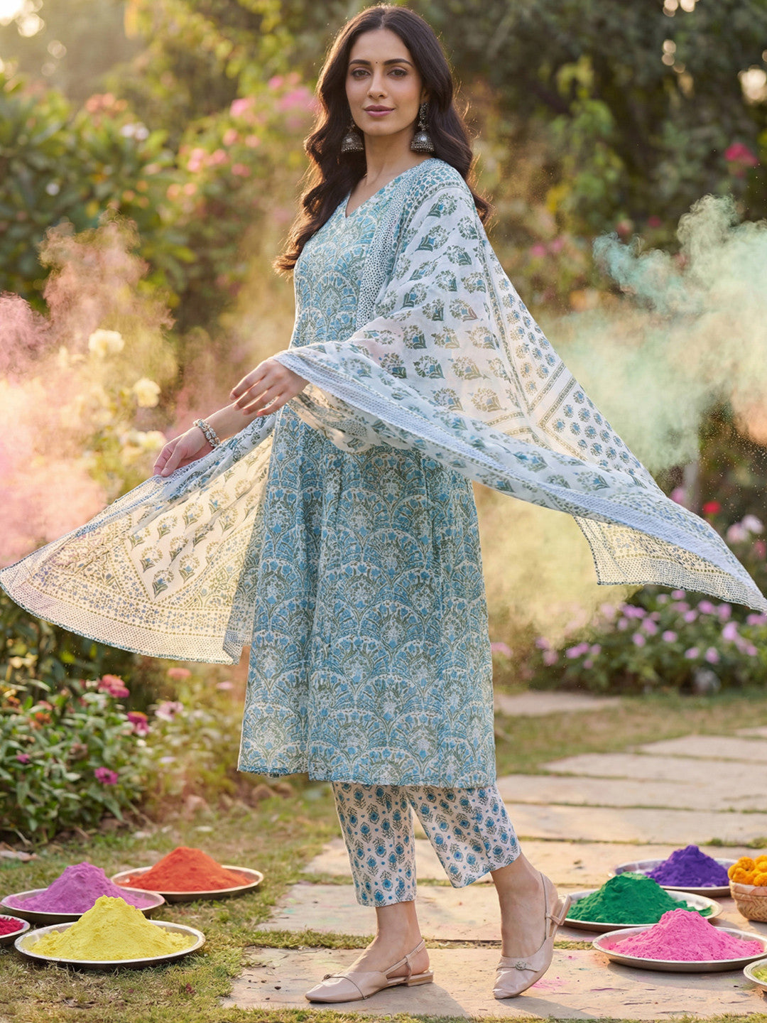 Women Ethnic Motifs Printed Regular Pure Cotton Kurta with Trousers & With Dupatta