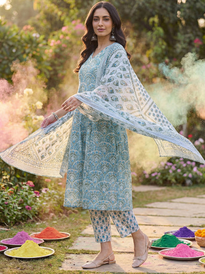 Women Ethnic Motifs Printed Regular Pure Cotton Kurta with Trousers & With Dupatta