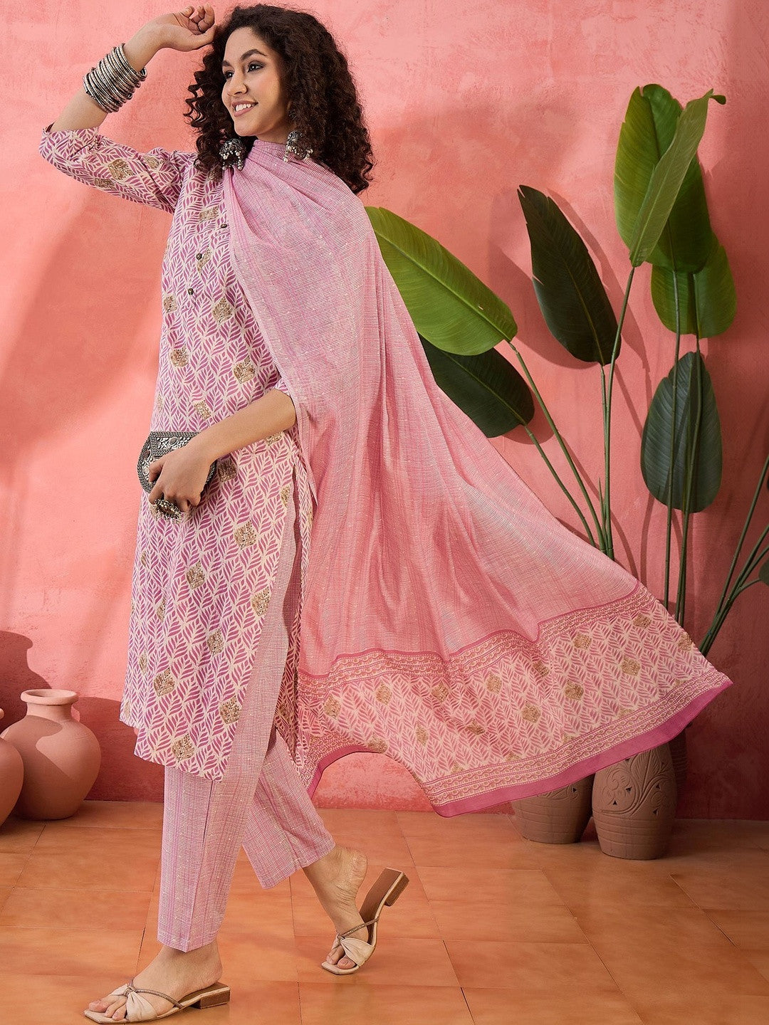 Printed Pure Cotton Round Neck Kurta & Trousers Kurta Sets