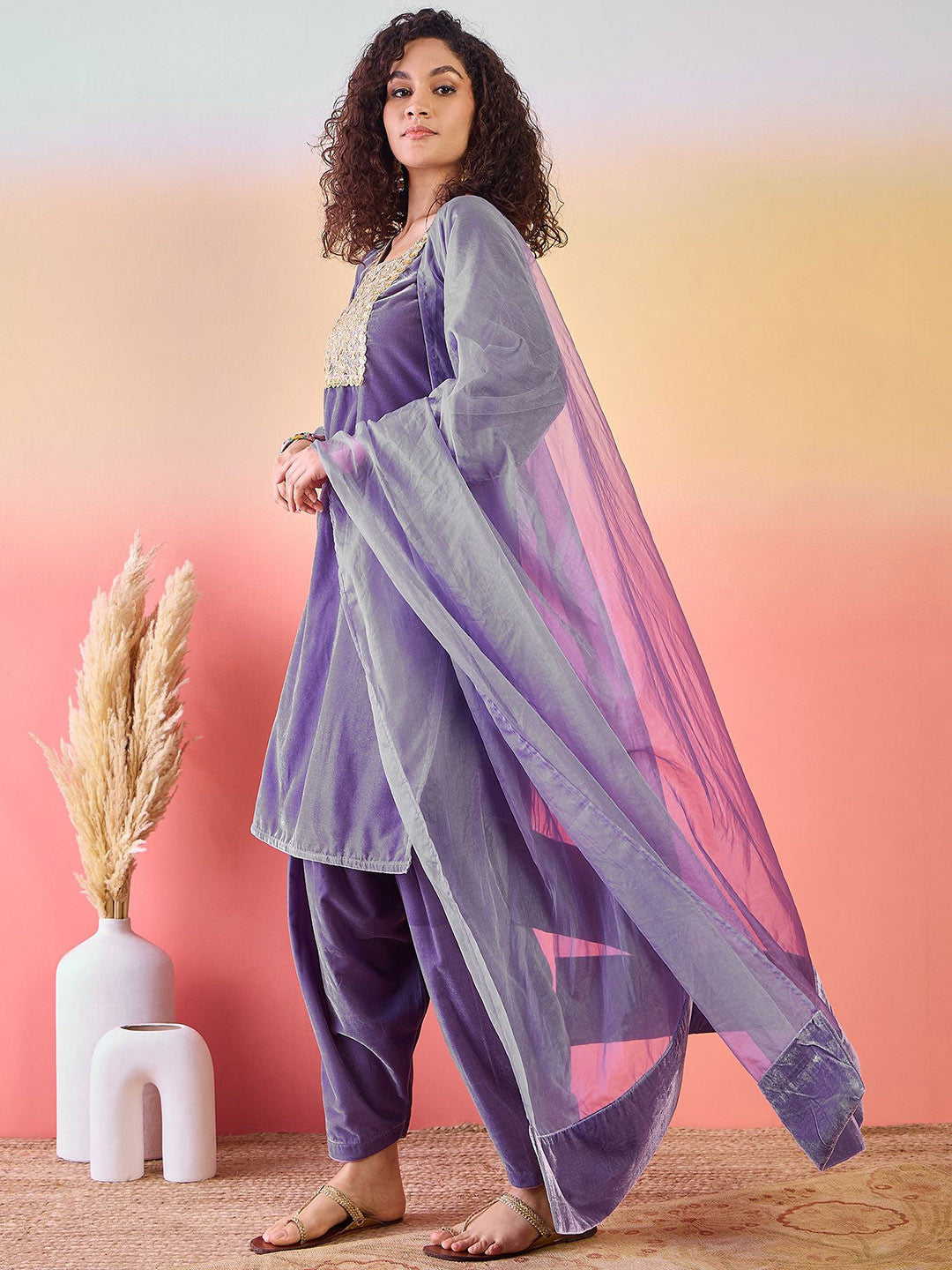 Floral Embroidered Sweetheart Neck Patchwork Velvet Kurta With Salwar & Dupatta