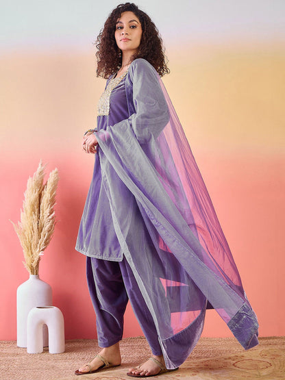 Floral Embroidered Sweetheart Neck Patchwork Velvet Kurta With Salwar & Dupatta
