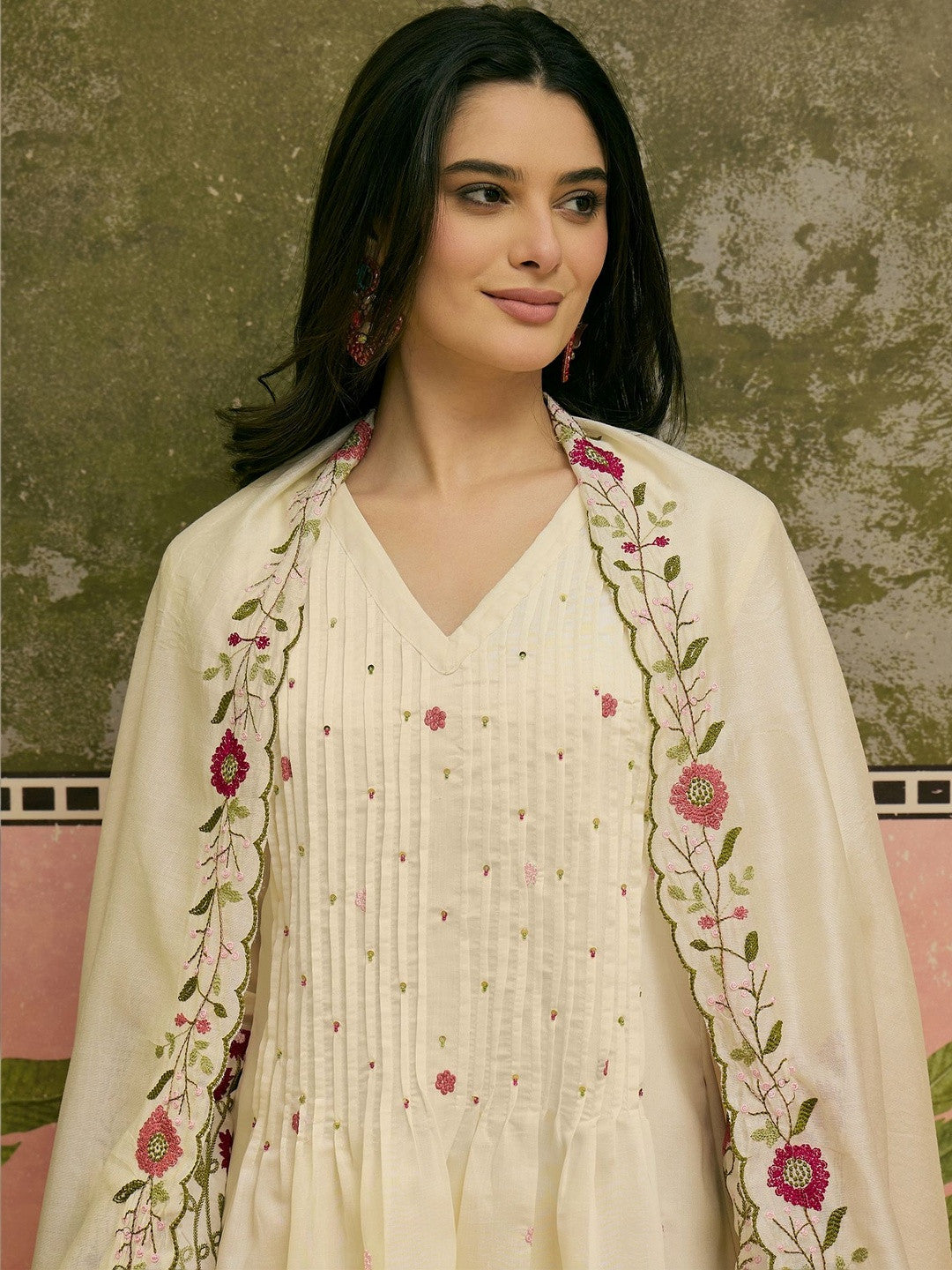Embroidered V-Neck Kurta & Trousers with Dupatta Set