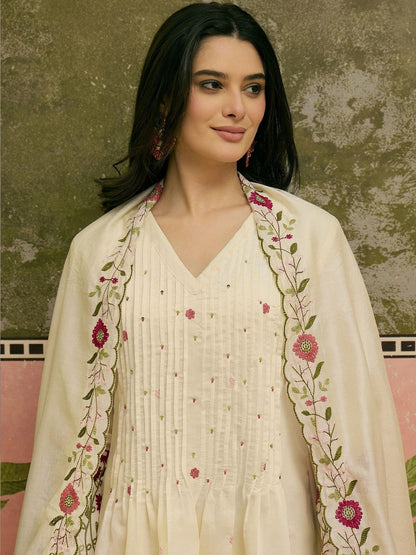 Embroidered V-Neck Kurta & Trousers with Dupatta Set