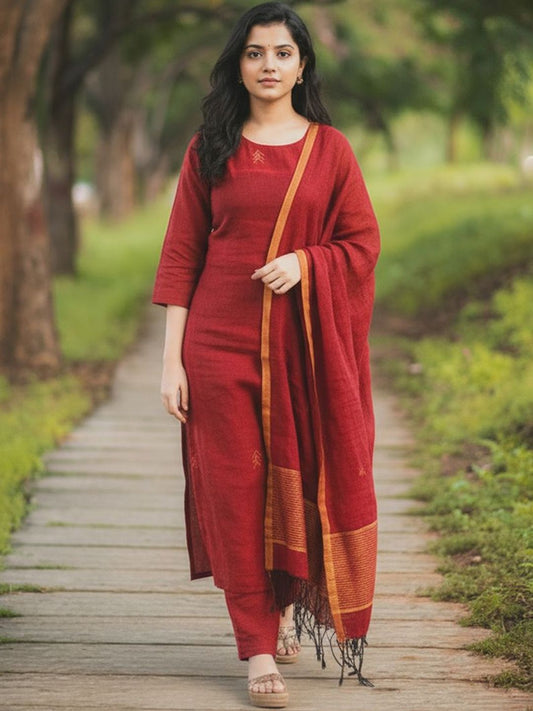 Dhiyona KL Ethnic Motifs Embroidered Thread Work Straight Kurta With Trousers & Dupatta