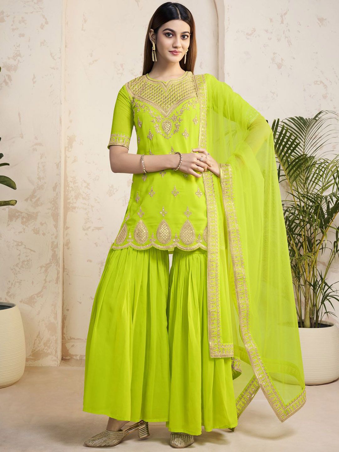 Dhiyona IN Women Ethnic Motifs Embroidered Regular Sequinned Kurta with Sharara & With Dupatta