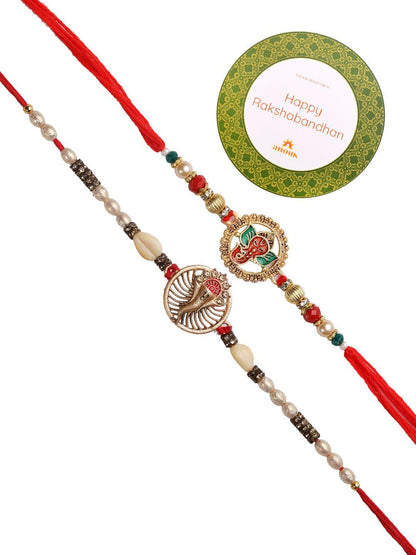 Dhiyona Set Of 2 Red Lord Ganesha Rakhis Comes With Roli Rice & Greeting Card