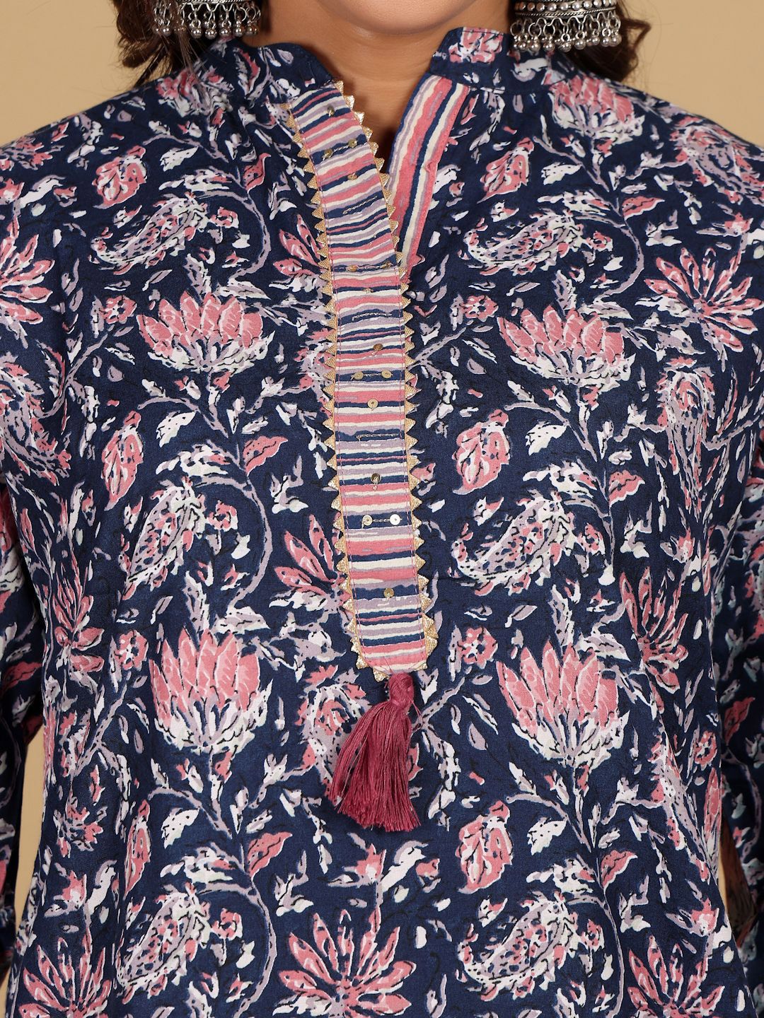 Navy Blue Women Floral Printed Straight Kurta with Palazzo & Dupatta
