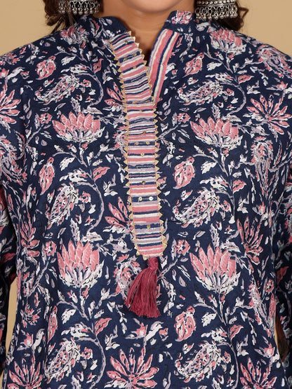 Navy Blue Women Floral Printed Straight Kurta with Palazzo & Dupatta